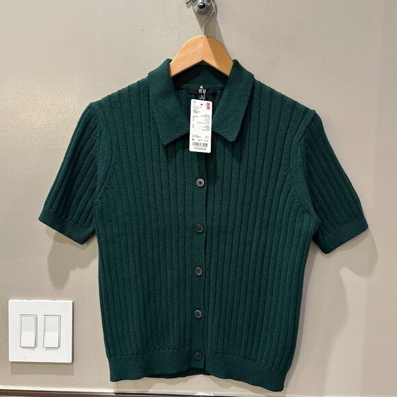 UNIQLO Ribbed Sweater-Knit Polo Short-Sleeve Button-Up Cardigan (Green) - Picture 8 of 16